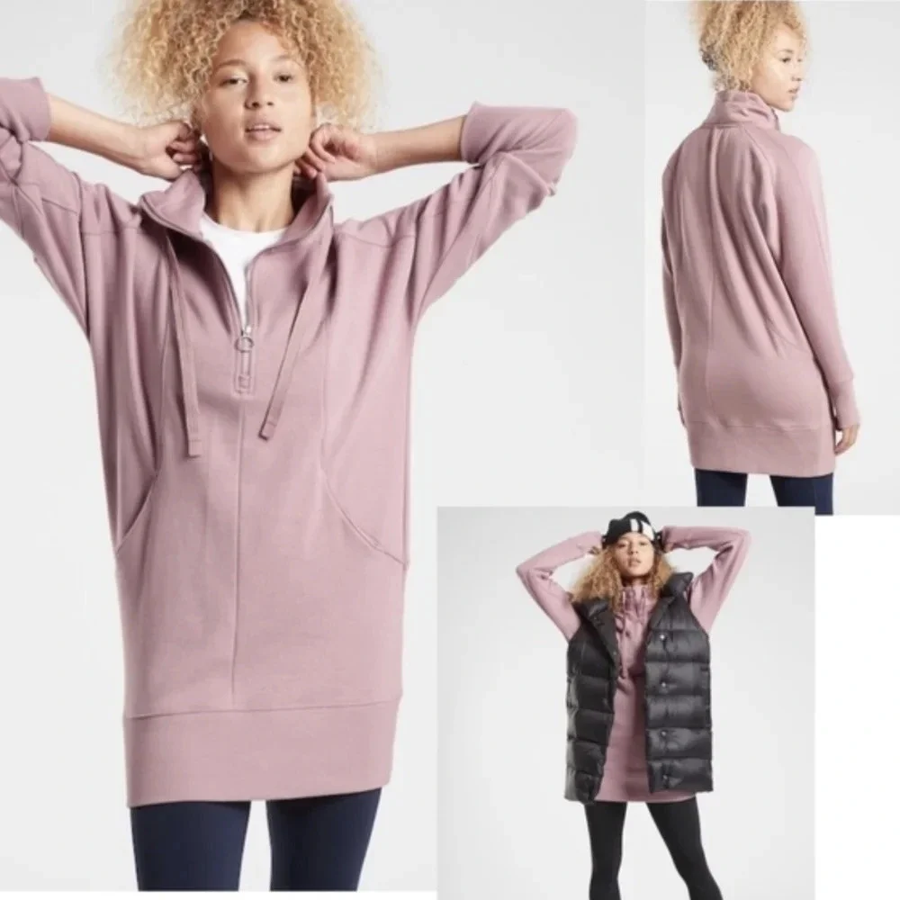 ATHLETA sz S Cozy Karma 1/4 Zip Sweater Dress Tunic  Fleece Lined Floral Mauve - Picture 5 of 16
